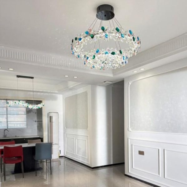 Đèn Chùm Bông Hoa 6 Cánh Pha Lê Màu Sắc Sặc Sỡ Thiết Kế 2 Vòng Hoa Decor Phòng Khách