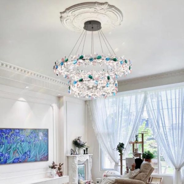 Đèn Chùm Bông Hoa 6 Cánh Pha Lê Màu Sắc Sặc Sỡ Thiết Kế 2 Vòng Hoa Decor Phòng Khách