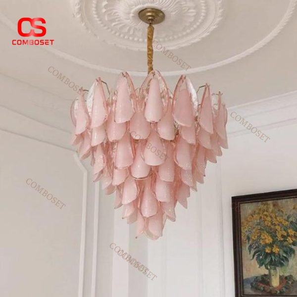 Đèn Chùm Cánh Hoa Thuỷ Tinh Thủ Công Màu Xanh Và Hồng Kiểu Pháp Phong Cách Tiểu Thư Sang Chảnh