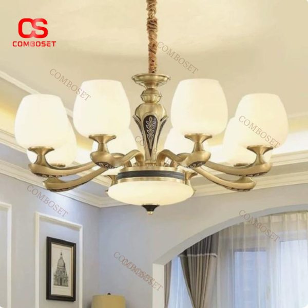 Đèn Chùm Đồng Lớn Châu Âu Cổ Điển Chao Thuỷ Tinh Hình Chiếc Ly Trang Trí Biệt Thự Thời Thượng