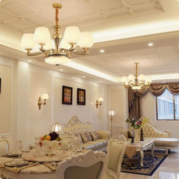 Đèn Chùm Đồng Lớn Châu Âu Cổ Điển Chao Thuỷ Tinh Hình Chiếc Ly Trang Trí Biệt Thự Thời Thượng