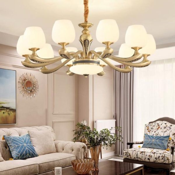 Đèn Chùm Đồng Lớn Châu Âu Cổ Điển Chao Thuỷ Tinh Hình Chiếc Ly Trang Trí Biệt Thự Thời Thượng