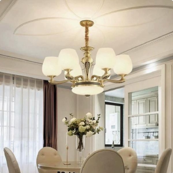 Đèn Chùm Đồng Lớn Châu Âu Cổ Điển Chao Thuỷ Tinh Hình Chiếc Ly Trang Trí Biệt Thự Thời Thượng