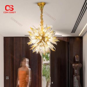 Đèn Chùm Hoa Cúc Vàng Bằng Thuỷ Tinh Sang Trọng Trang Trí Phòng Khách Hiện Đại Quý Tộc
