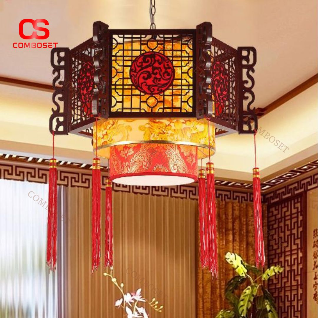 Đèn Chùm Khung Gỗ Lồng Vải Hoạ Tiết Hoa Lá Cổ Điển Phong Cách Trung Quốc