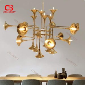 Đèn Chùm Sắt Mạ Vàng Hình Loa Kèn Mới Lạ Trang Trí Quán Cafe Nhà Hàng Nghệ Thuật
