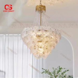 Đèn Chùm Tầng Lá Sen Thuỷ Tinh Kiểu Pháp Phong Cách Tiểu Thư Sang Trọng Decor Phòng Khách 3 Chế Độ Sáng