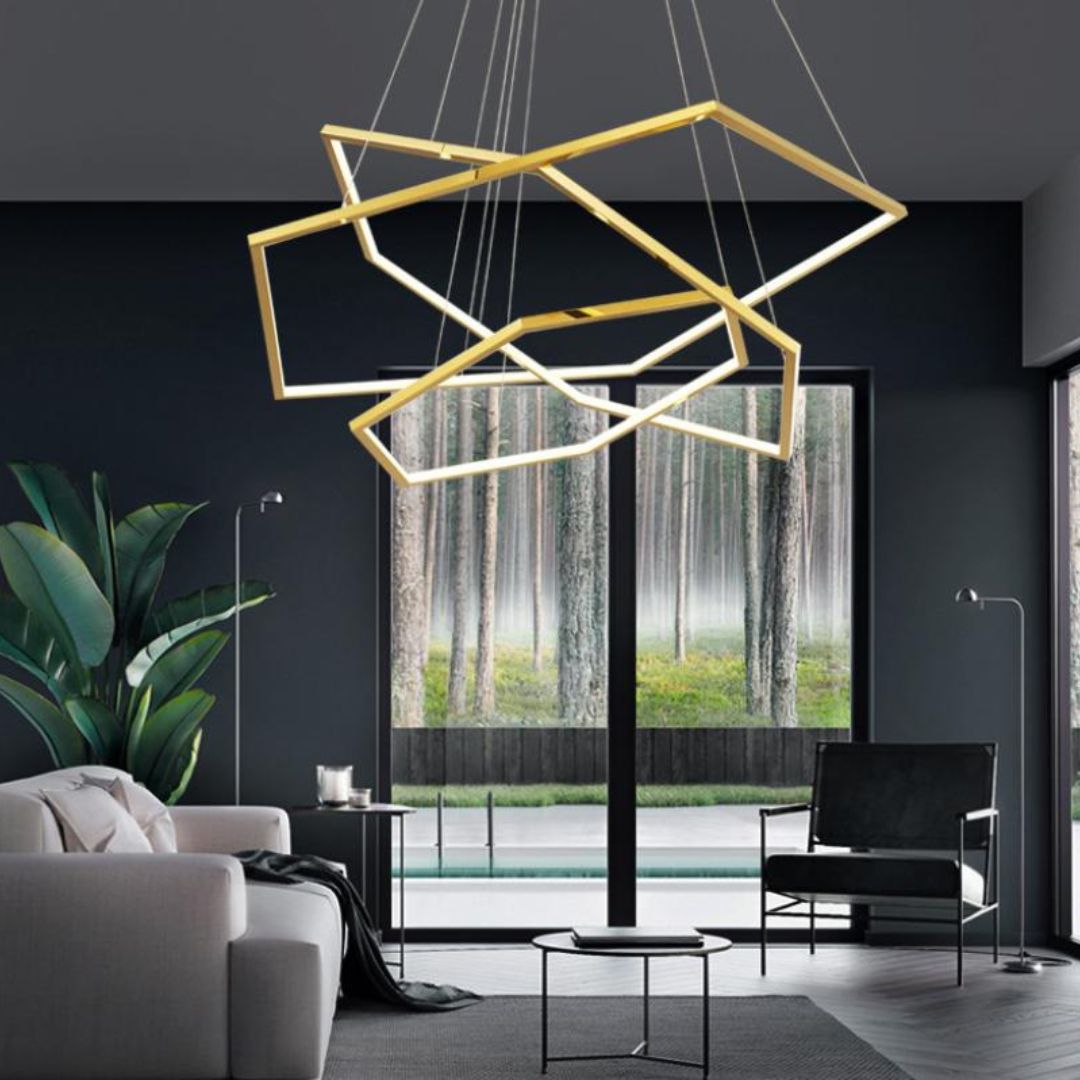 Đèn Chùm Thép Hình Lục Giác Tối Giản Mạ Vàng Sang Trọng Hiện Đại Decor Phòng Khách, Cầu Thang Căn Hộ