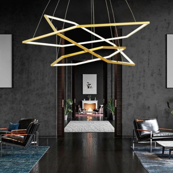 Đèn Chùm Thép Hình Lục Giác Tối Giản Mạ Vàng Sang Trọng Hiện Đại Decor Phòng Khách, Cầu Thang Căn Hộ