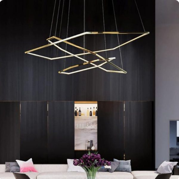 Đèn Chùm Thép Hình Lục Giác Tối Giản Mạ Vàng Sang Trọng Hiện Đại Decor Phòng Khách, Cầu Thang Căn Hộ