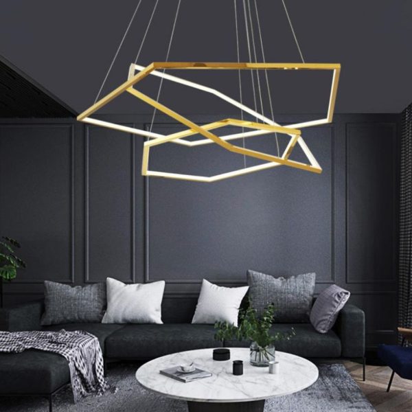 Đèn Chùm Thép Hình Lục Giác Tối Giản Mạ Vàng Sang Trọng Hiện Đại Decor Phòng Khách, Cầu Thang Căn Hộ