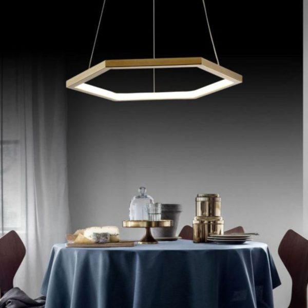Đèn Chùm Thép Hình Lục Giác Tối Giản Mạ Vàng Sang Trọng Hiện Đại Decor Phòng Khách, Cầu Thang Căn Hộ