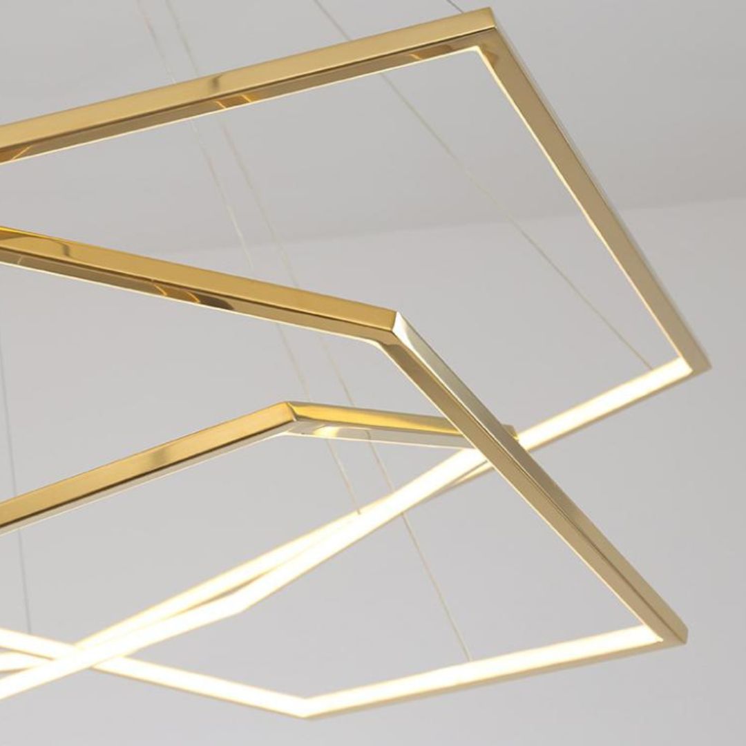 Đèn Chùm Thép Hình Lục Giác Tối Giản Mạ Vàng Sang Trọng Hiện Đại Decor Phòng Khách, Cầu Thang Căn Hộ
