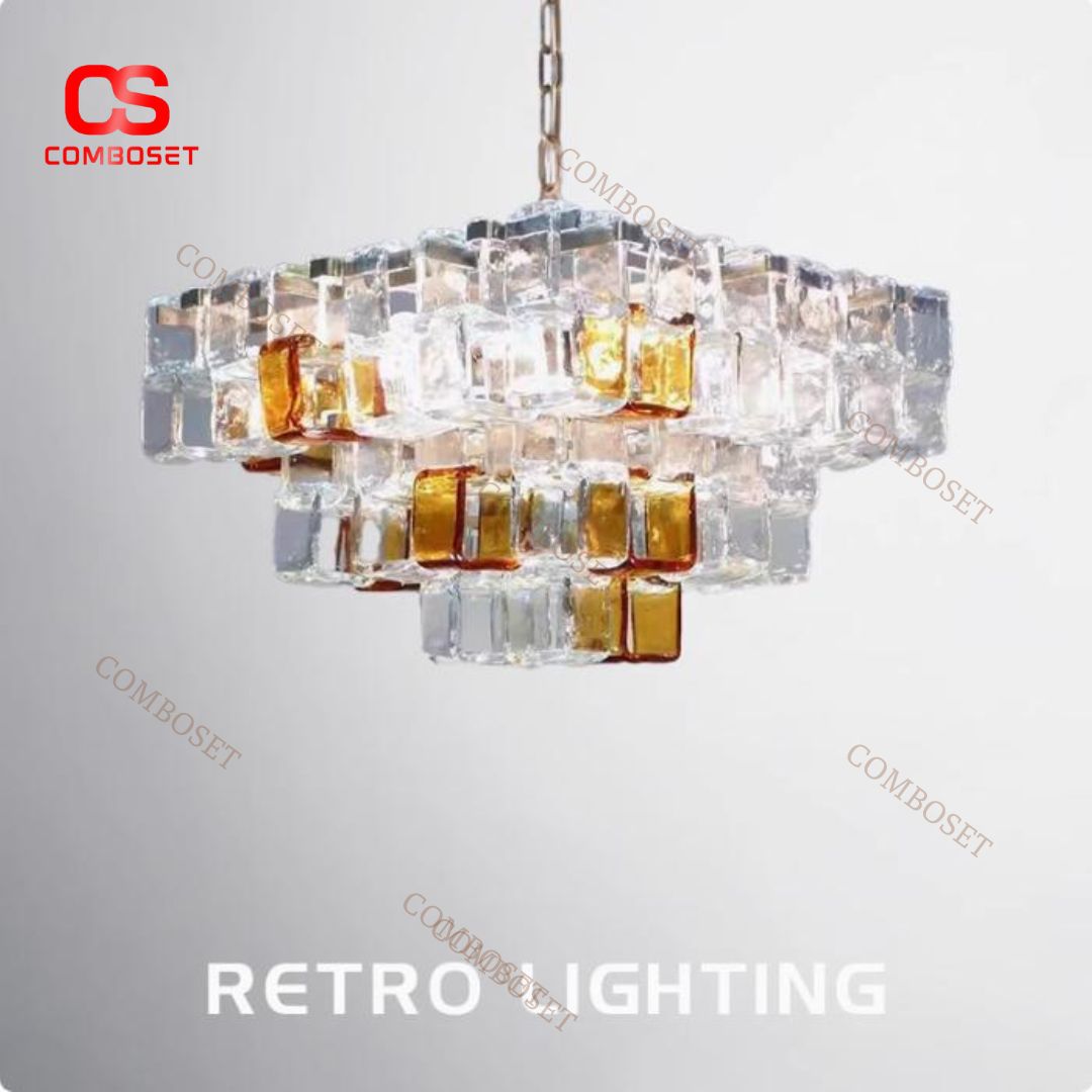 Đèn Chùm Thuỷ Tinh Hình Viên Đường Trắng Nâu Thiết Kế Pháp Sáng Tạo Thẩm Mỹ Decor Triển Lãm