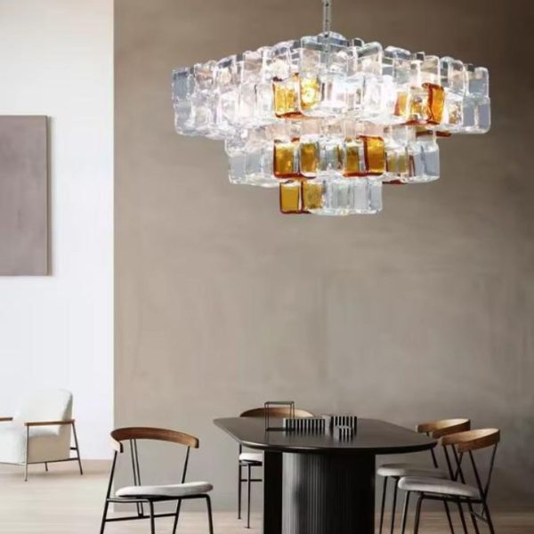 Đèn Chùm Thuỷ Tinh Hình Viên Đường Trắng Nâu Thiết Kế Pháp Sáng Tạo Thẩm Mỹ Decor Triển Lãm