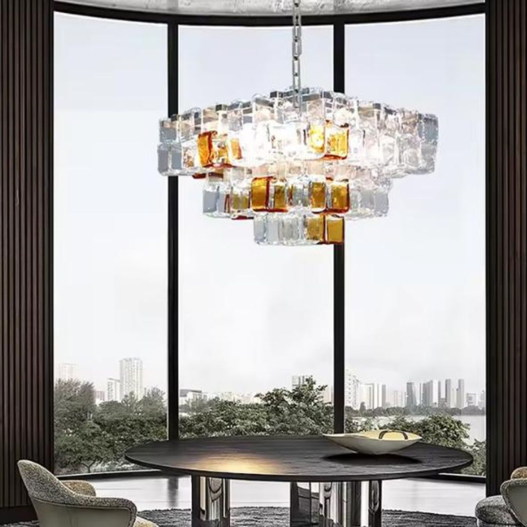 Đèn Chùm Thuỷ Tinh Hình Viên Đường Trắng Nâu Thiết Kế Pháp Sáng Tạo Thẩm Mỹ Decor Triển Lãm