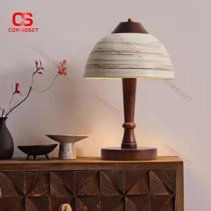 Đèn Bàn Gốm Hình Vòm Thân Gỗ Nguyên Khối Cổ Điển Nghệ Thuật Phong Cách Wabi Sabi