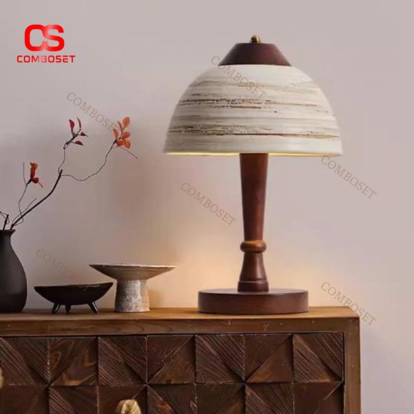 Đèn Bàn Gốm Hình Vòm Thân Gỗ Nguyên Khối Cổ Điển Nghệ Thuật Phong Cách Wabi Sabi