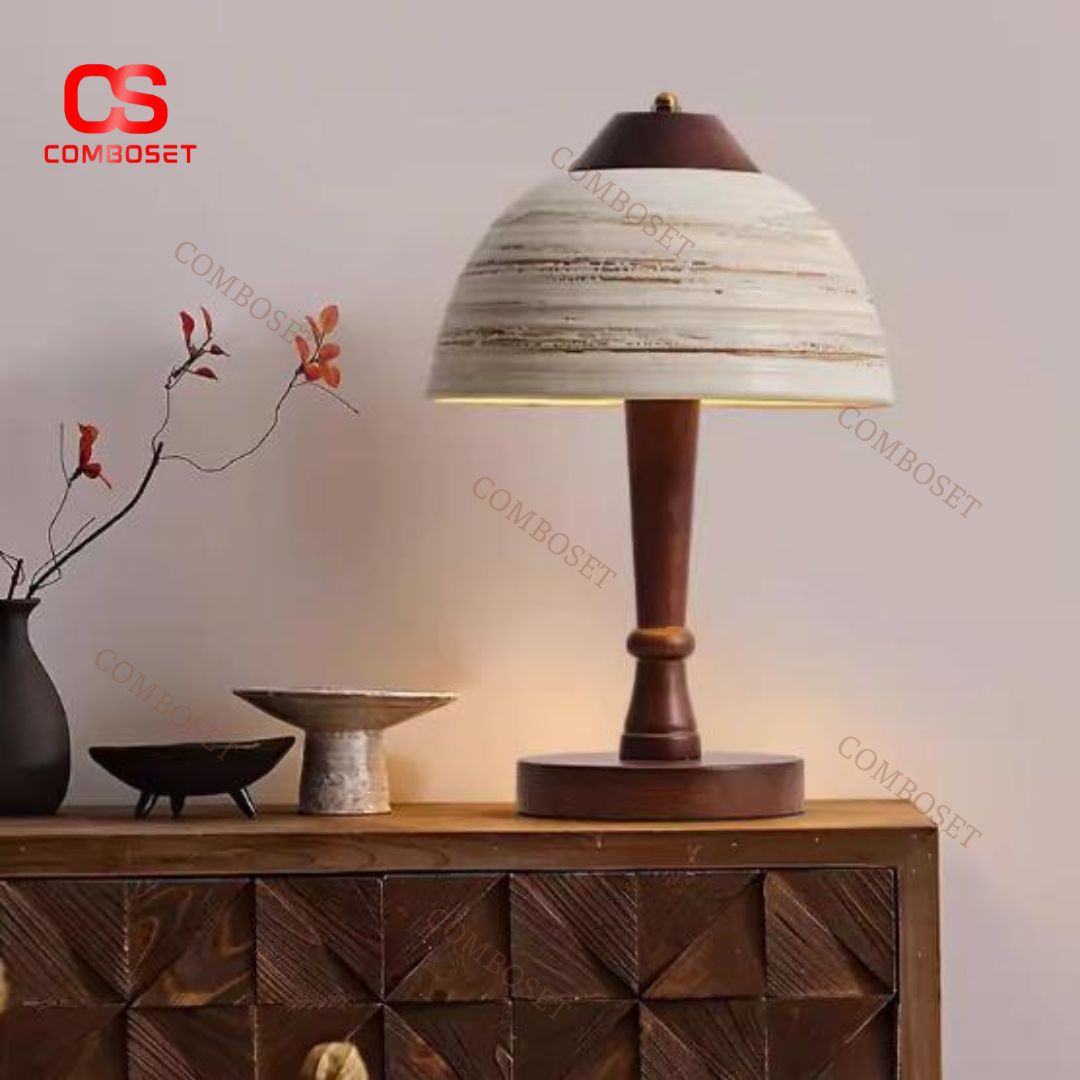 Đèn Bàn Gốm Hình Vòm Thân Gỗ Nguyên Khối Cổ Điển Nghệ Thuật Phong Cách Wabi Sabi