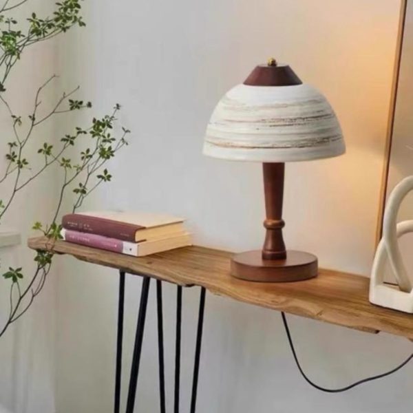Đèn Bàn Gốm Hình Vòm Thân Gỗ Nguyên Khối Cổ Điển Nghệ Thuật Phong Cách Wabi Sabi