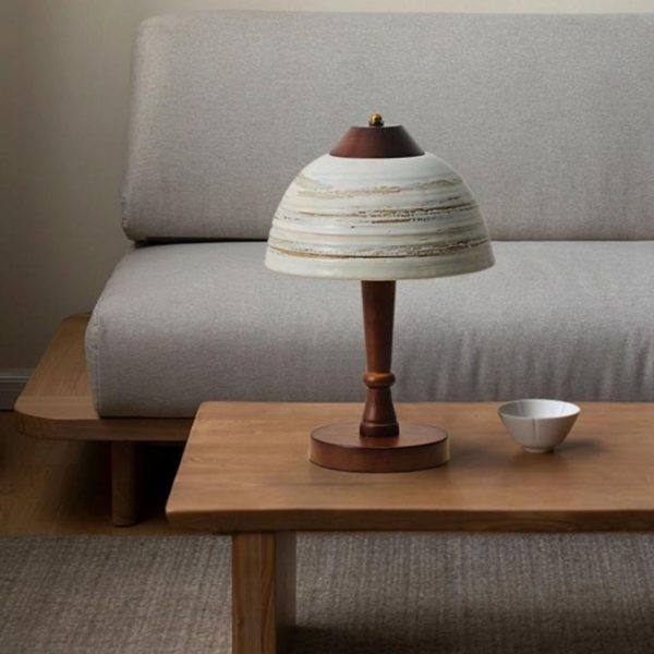Đèn Bàn Gốm Hình Vòm Thân Gỗ Nguyên Khối Cổ Điển Nghệ Thuật Phong Cách Wabi Sabi