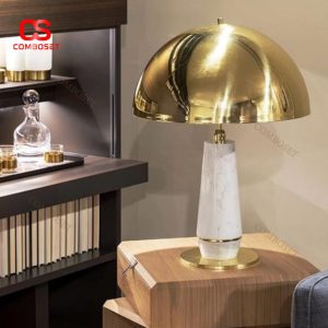 Đèn Bàn Nấm Chao Tròn Kim Loại Mạ Vàng, Đá Cẩm Thạch Quý Phái Decor Phòng Khách Biệt Thự, Phòng Ngủ