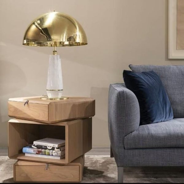 Đèn Bàn Nấm Chao Tròn Kim Loại Mạ Vàng, Đá Cẩm Thạch Quý Phái Decor Phòng Khách Biệt Thự, Phòng Ngủ