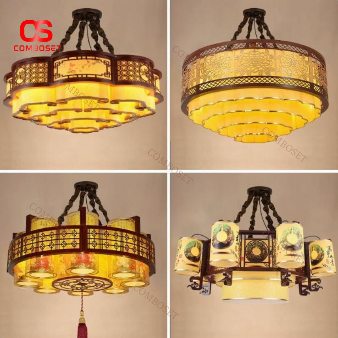 Đèn Chùm Cổ Trung Quốc In Hoa Tiết Hoa Lá Phương Đông Trang Trí Biệt Thự Khách Sạn