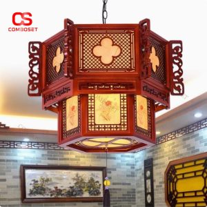 Đèn Chùm Khung Gỗ Nâu Đỏ Điêu Khắc Cỏ 4 Lá May Mắn, Trang Trí Phong Thuỷ Lối Đi, Lễ Hội Trung Quốc
