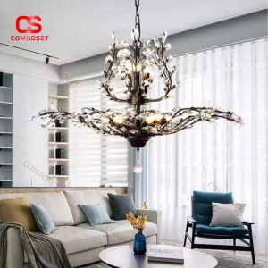 Đèn Chùm Pha Lê Cổ Điển Mô Phỏng Cành Cây Chao Nến Sang Trọng Tạo Ánh Sáng Vàng Ấm