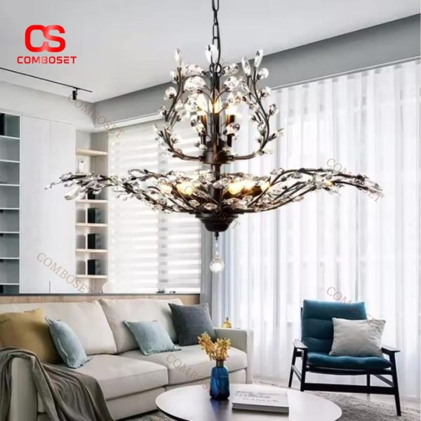 Đèn Chùm Pha Lê Cổ Điển Mô Phỏng Cành Cây Chao Nến Sang Trọng Tạo Ánh Sáng Vàng Ấm