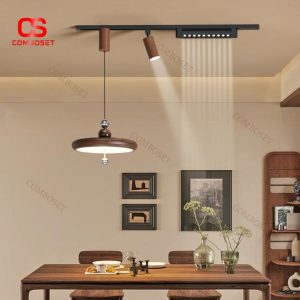 Đèn Chùm Thanh Ray Cổ Điển In Chuyển Nước Vân Gỗ, Xoay 360 Độ, Cao Cấp Chiếu Sáng Quầy Bếp, Nhà Hàng