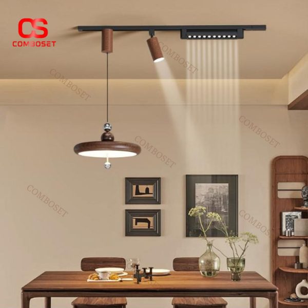 Đèn Chùm Thanh Ray Cổ Điển In Chuyển Nước Vân Gỗ, Xoay 360 Độ, Cao Cấp Chiếu Sáng Quầy Bếp, Nhà Hàng