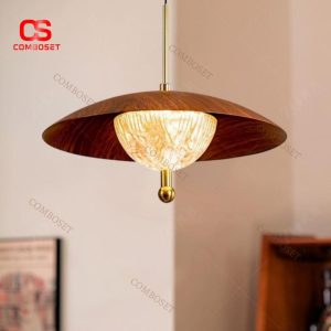 Đèn Chùm Thuỷ Tinh Cổ Điển Nón Tròn Bằng Sắt In Chuyển Nước Vân Gỗ Nâu Óc Chó Retro 3 Chế Độ Sáng
