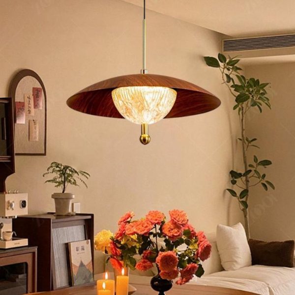 Đèn Chùm Thuỷ Tinh Cổ Điển Nón Tròn Bằng Sắt In Chuyển Nước Vân Gỗ Nâu Óc Chó Retro 3 Chế Độ Sáng