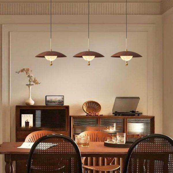 Đèn Chùm Thuỷ Tinh Cổ Điển Nón Tròn Bằng Sắt In Chuyển Nước Vân Gỗ Nâu Óc Chó Retro 3 Chế Độ Sáng