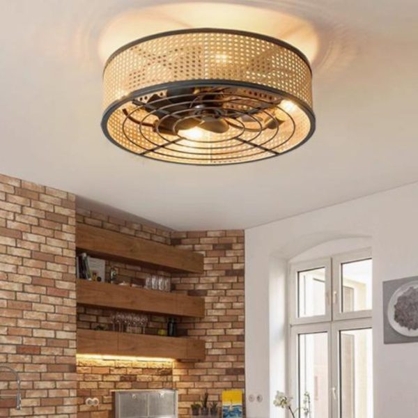Đèn Quạt Trần Tròn Mây Đan Phong Cách Mộc Mạc Thiên Nhiên Decor Phòng Trà Zen, Phòng Ngủ Tối Giản