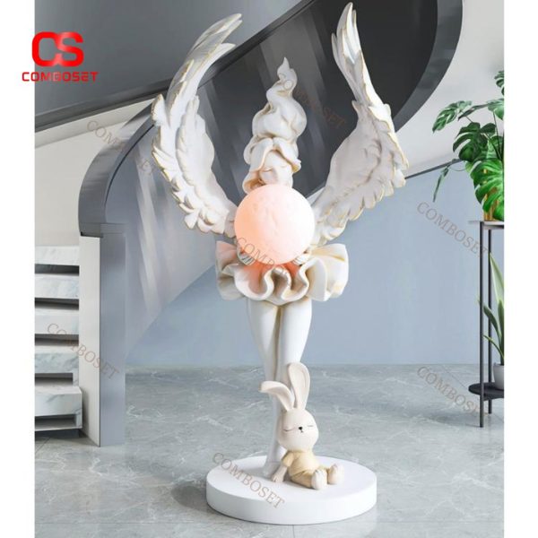 Đèn Sàn Cô Gái Thiên Thần Kèm Chú Thỏ Hoạt Hình Điêu Khắc Tinh Xảo Làm Quà Tặng Khai Trương