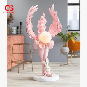Đèn Sàn Cô Gái Thiên Thần Kèm Chú Thỏ Hoạt Hình Điêu Khắc Tinh Xảo Làm Quà Tặng Khai Trương