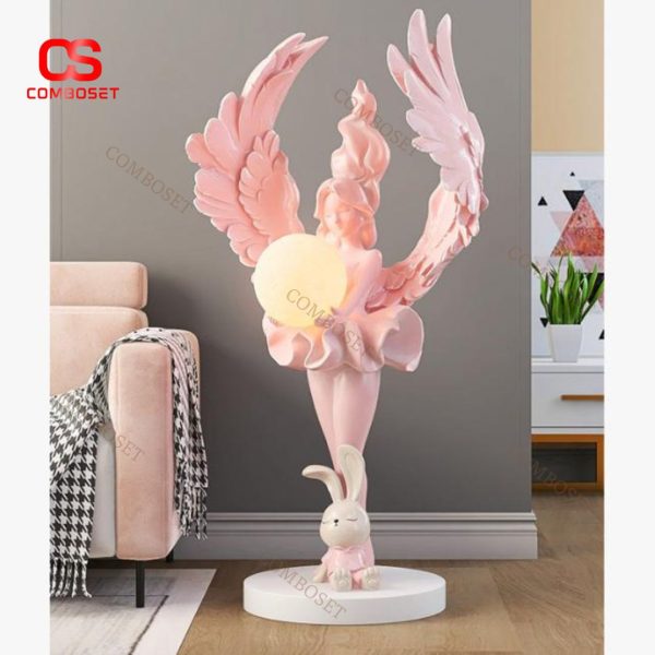 Đèn Sàn Cô Gái Thiên Thần Kèm Chú Thỏ Hoạt Hình Điêu Khắc Tinh Xảo Làm Quà Tặng Khai Trương