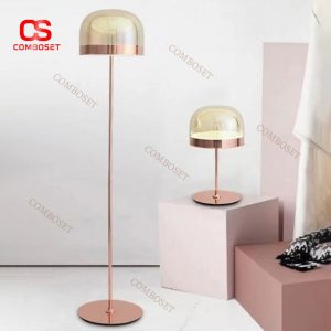 Đèn Sàn Kim Loại Vàng Hồng Tối Giản, Chao Kính Tròn Trong Suốt Decor Trưng Bày Cửa Hàng