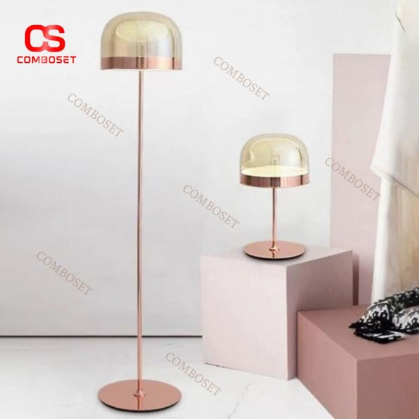 Đèn Sàn Kim Loại Vàng Hồng Tối Giản, Chao Kính Tròn Trong Suốt Decor Trưng Bày Cửa Hàng