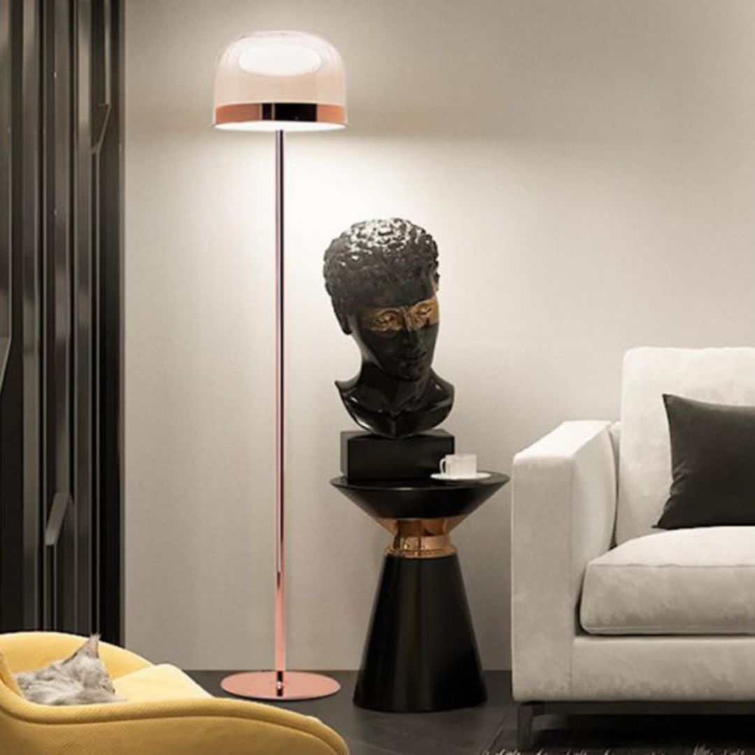 Đèn Sàn Kim Loại Vàng Hồng Tối Giản, Chao Kính Tròn Trong Suốt Decor Trưng Bày Cửa Hàng
