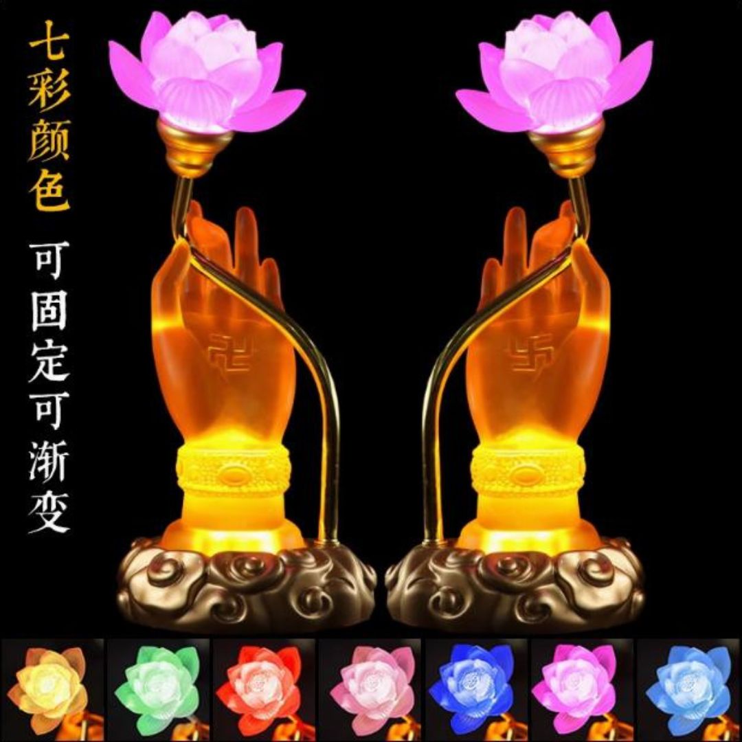 Đèn Tay Phật Cầm Hoa Sen Khắc Chữ Vạn Nhiều Màu Sắc Đa Dạng Chiếu Sáng Phòng Thờ, Đền Chùa