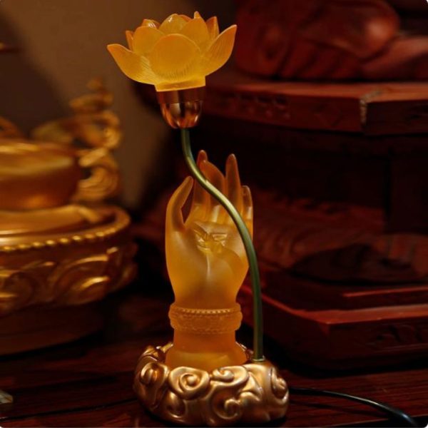 Đèn Tay Phật Cầm Hoa Sen Khắc Chữ Vạn Nhiều Màu Sắc Đa Dạng Chiếu Sáng Phòng Thờ, Đền Chùa
