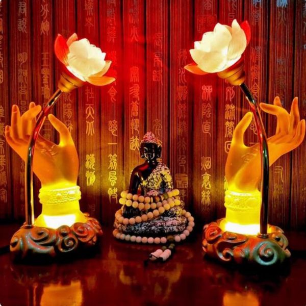 Đèn Tay Phật Cầm Hoa Sen Khắc Chữ Vạn Nhiều Màu Sắc Đa Dạng Chiếu Sáng Phòng Thờ, Đền Chùa