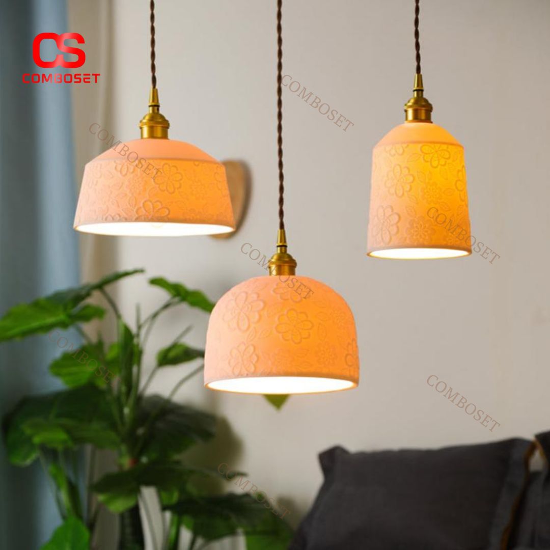 Đèn Thả Gốm Trắng Thủ Công Hoa Vân Nổi Thanh Lịch Chiếu Sáng Bàn Ăn Hiện Đại, Phòng Ngủ