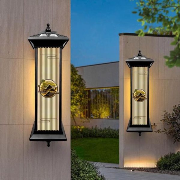 Đèn Tường Nhôm Cổ Điển Khung Nhôm Điêu Khắc Hoạ Tiết Cây Núi Năng Lượng Mặt Trời Trang Trí Ban Công, Cửa Nhà