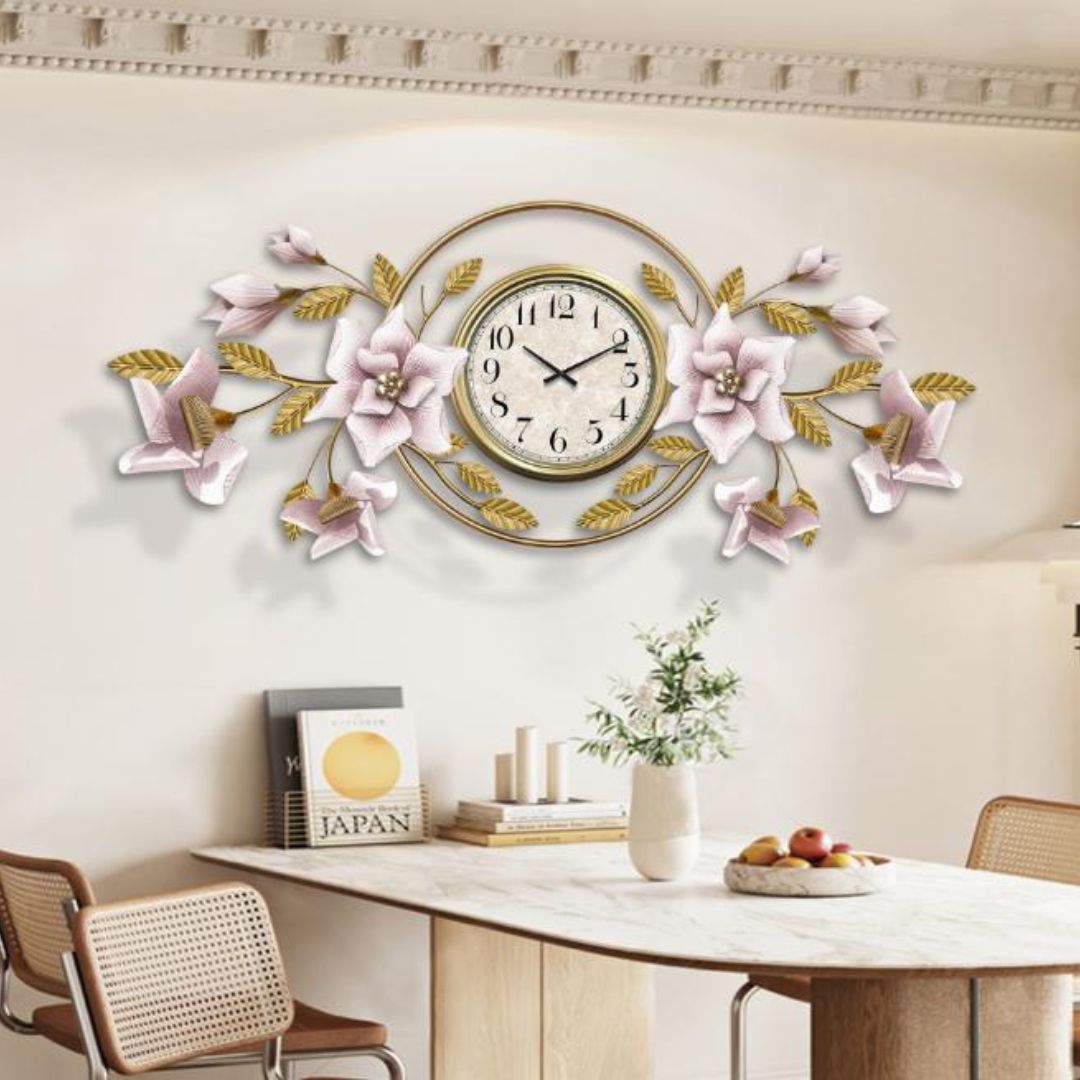 Đông Hồ Treo Tường Hoa Hồng Phong Cách Châu Âu, Đồng Hồ Kim Cổ Điển Decor Phòng Khách