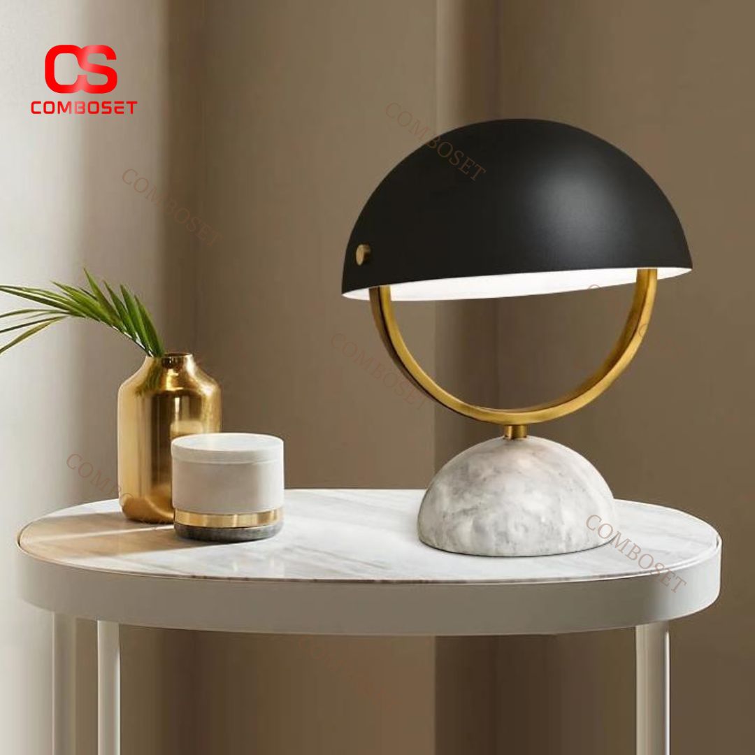 Đèn Bàn Chao Nón Xoay 360 Độ Chân Đá Cẩm Thạch Trắng Sang Trọng Decor Bàn Học, Đầu Giường Ngủ